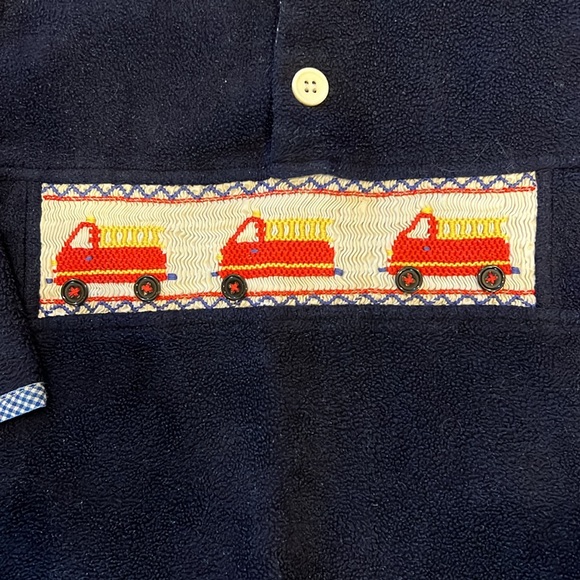 Navy blue smocked fire truck fleece with gingham edging - Picture 3 of 5
